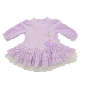Vintage Little Me Girls Lavender Velour Floral Embroidered Ruffle Tulle Dress 6M